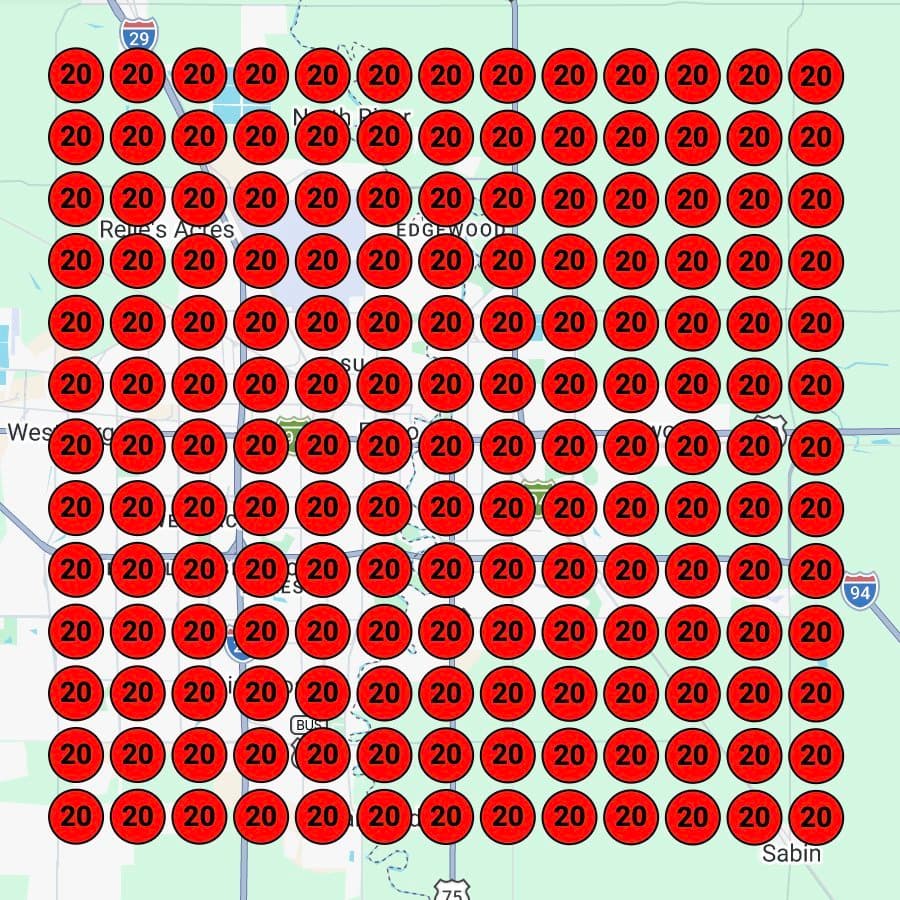 Geo-grid ranking map showing position 20+ across the Fargo-Moorhead service area before local SEO work
